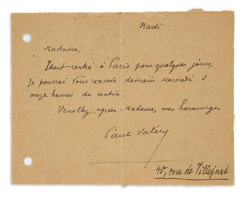 VALÉRY, PAUL. Three Autograph Letters Signed, to various recipients, in French.
